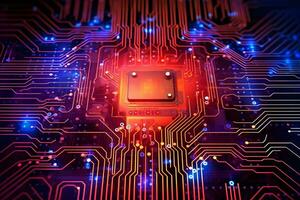 a computer chip on a circuit board with glowing lights. Generative AI photo