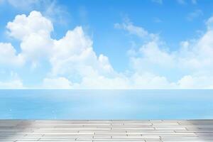 wooden deck with sea and sky background. Generative AI photo