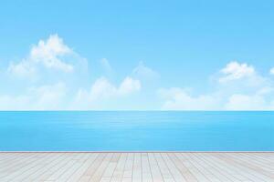wooden floor with blue sky and sea. Generative AI photo
