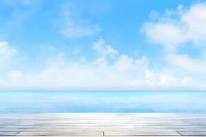 wooden deck with blue sky and sea. Generative AI photo