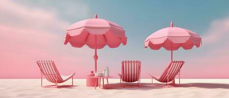 playa paraguas y sillas con cielo antecedentes. rosado tono. generativo ai foto