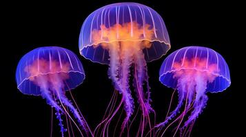 ethereal beauty of Moon jellyfish as they gracefully glide through the water. dark background. Generative AI photo