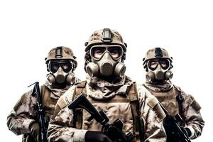 three soldiers in gas masks standing in front of a white background. Generative AI photo