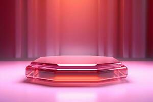 Background 3d crystal modern pink glass podium platform. cosmetic product presentation and display stand. Generative AI photo