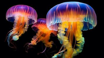 ethereal beauty of Moon jellyfish as they gracefully glide through the water. dark background. Generative AI photo