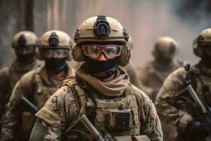 soldados en militar engranaje en pie en un línea. generativo ai foto