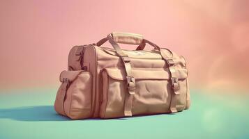 old suitcase. bag with a gift. on light pastel background. generative ai photo