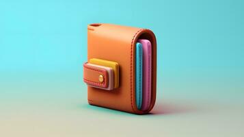 Wallet brown 3d icon. pocket for money. on pastel blue background. generative ai photo