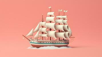 Barque ship model 3d. on pink background. generative ai photo