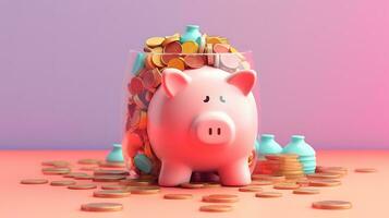 3d design Pink pig keeps gold coins. Safe finance investment. saving money. financial management. generative ai photo