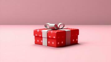 Red gift box with pink ribbon bow. Christmas. New year and sale event concept. on pink pastel background. generative ai photo