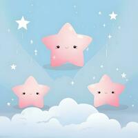 three pink stars in the sky with clouds. Generative AI photo