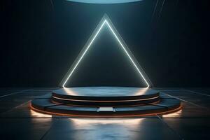 3D black round podium decorated with golden neon and white neon on dark background. empty stage for product presentation. modern mockup design. Template of pedestal. generative ai photo
