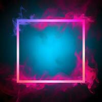 a pink and blue smoke frame with a square frame on a black background. Generative AI photo