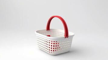 a white basket with red handles on a white surface. Generative AI photo