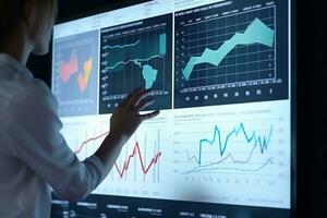 a woman is pointing at a large screen with graphs and charts. Generative AI photo