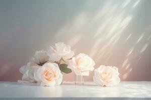 white roses on a table with sunlight shining through. Generative AI photo