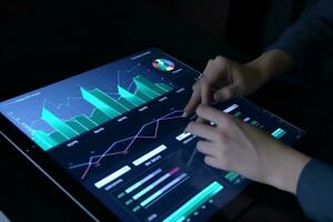 a person using a tablet with graphs and charts on it. Generative AI photo