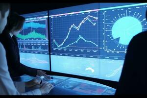 people looking at graphs on a large screen. Generative AI photo