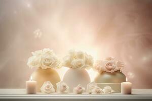 three white vases with roses and candles on a table. Generative AI photo
