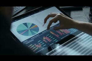 a person is using a tablet with a graph on it. Generative AI photo