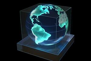 a transparent globe in a box on a black background. Generative AI photo