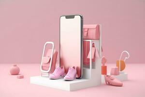 a pink phone and a pink bag on a pink background. Generative AI photo