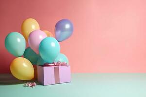 colorful balloons and gift box on pink background. Generative AI photo