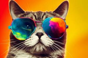 a cat wearing sunglasses with a colorful background. Generative AI photo