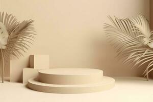 an empty room with a round podium and palm trees. Generative AI photo