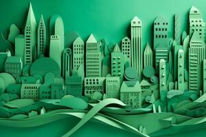 paper art of a city with green buildings. Generative AI photo