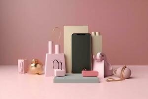 a pink phone, a gold watch, and other accessories on a pink background. Generative AI photo
