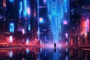 a man walking down a city street with neon lights. Generative AI photo