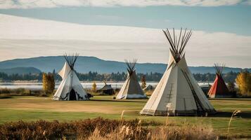 several teepees in a field with water in the background. Generative AI photo