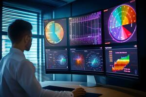 a man is looking at multiple screens with graphs and charts. Generative AI photo