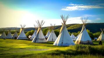 a group of teepees in a field with grass and trees. Generative AI photo