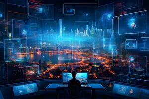 a man sitting at a desk with a computer screen and a city in the background. Generative AI photo
