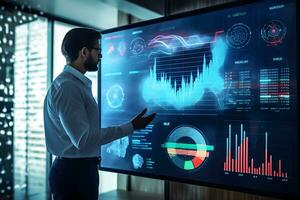 a man is standing in front of a large screen with data on it. Generative AI photo