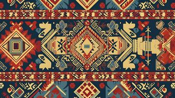 a colorful ethnic pattern with red, blue and yellow colors. Generative AI photo