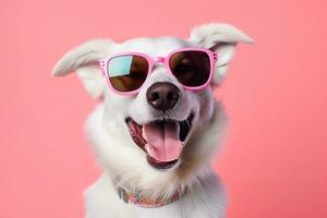 a white dog wearing pink sunglasses on a pink background. Generative AI photo