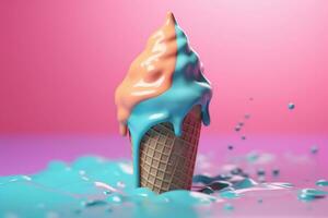 ice cream in a waffle cone on a pink background. Generative AI photo