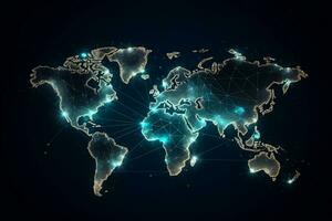 mundo mapa con brillante líneas y conexiones generativo ai foto