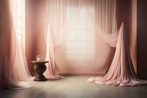 a room with pink curtains and a table. Generative AI photo