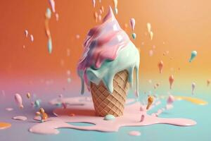 an ice cream cone with colorful paint splatters. Generative AI photo