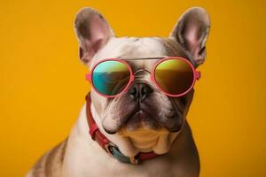 a dog wearing sunglasses on a yellow background. Generative AI photo