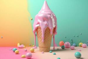an ice cream cone with pink and blue icing. Generative AI photo