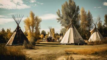 varios tipis en el medio de un campo. generativo ai foto