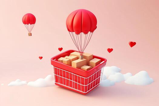 a red basket with boxes and balloons flying in the air. Generative AI photo