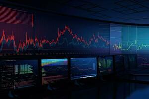 a room with multiple monitors showing stock market data. Generative AI photo