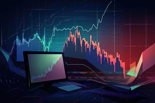 an illustration of a computer screen with a graph and stock market. Generative AI photo